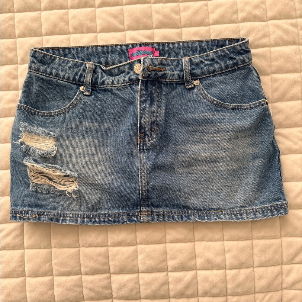 Edikted Blue Denim Skirt with Ripped Accents
